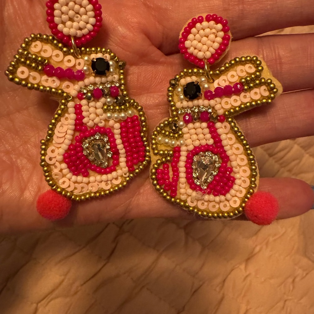 Source Unknown Pink and Gold Beaded Bunny Earrings